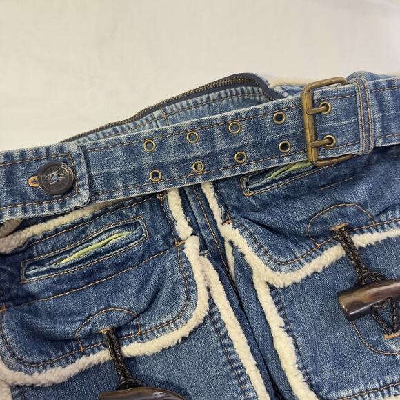 Vintage GAP Denim Shoulder Bag Sherpa Trim Toggle Pockets Y2K 2000s Jean Purse - Picture 6 of 16